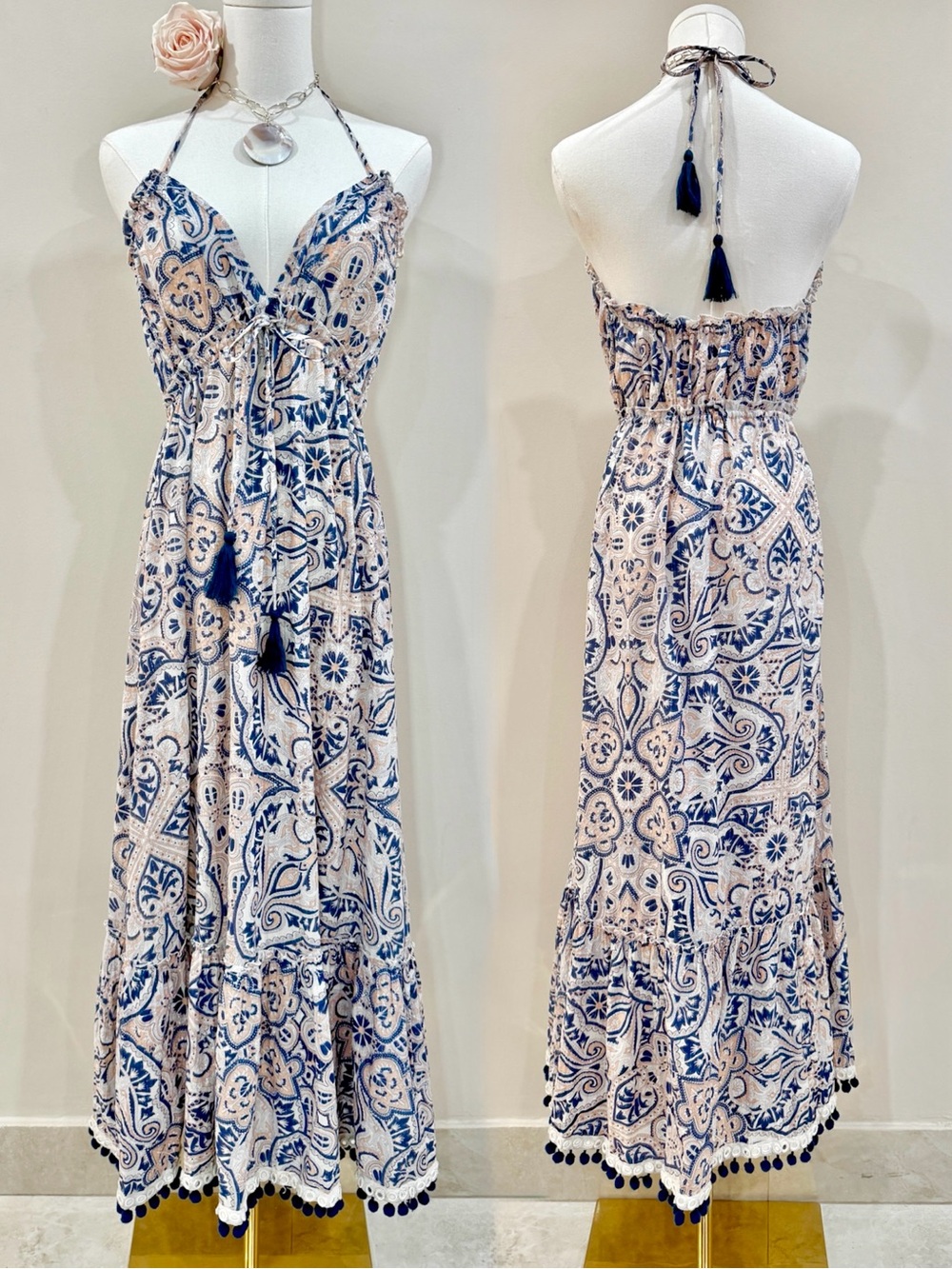 Tularosa Lurex Paisley Tassel Midi Dress Boho Halter Open Back Resort Size M/L